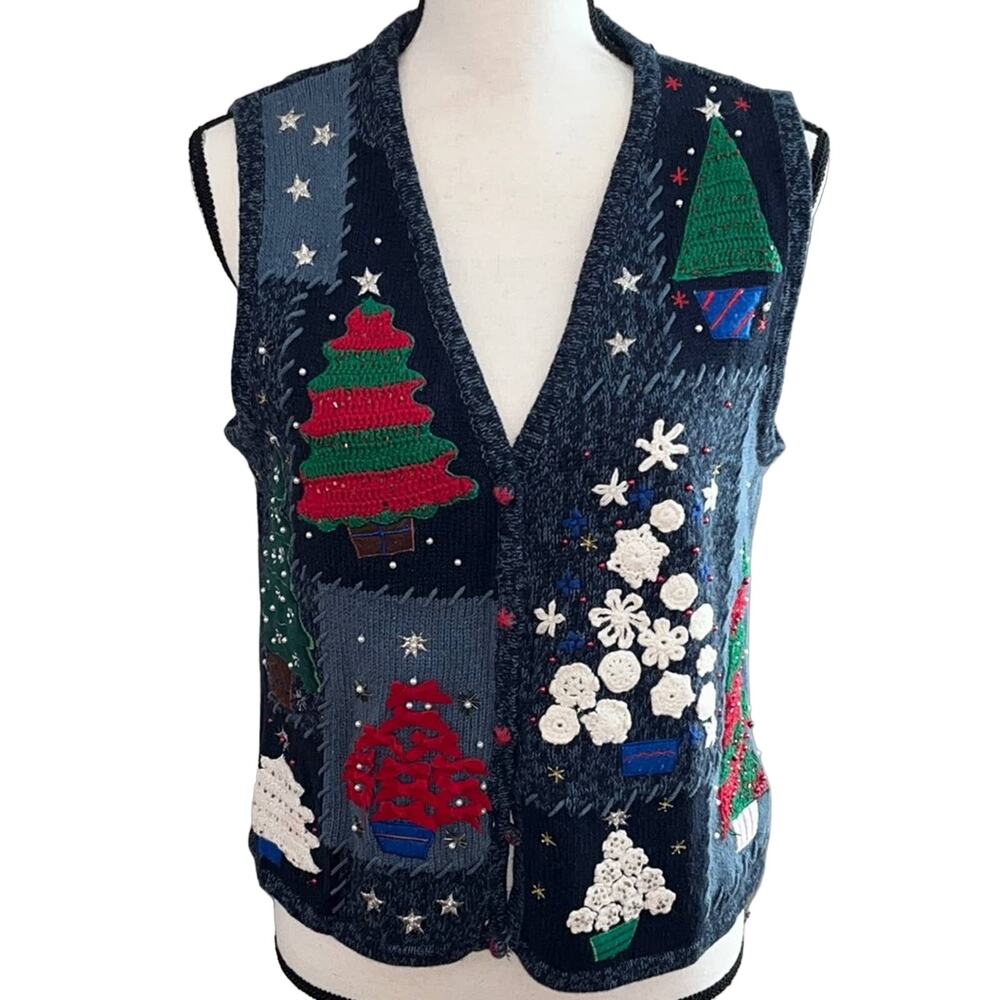 Vintage Ho Ho Ho Ugly Sweater Vest Embroidered Tree Snowflakes Stars Be-Medium